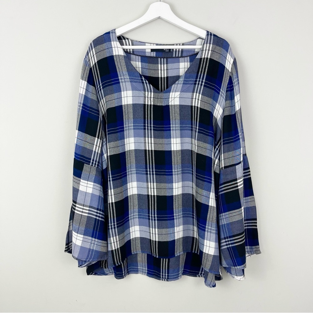 MAX Jeans Flannel Plaid Print Bell Sleeve Blouse Top